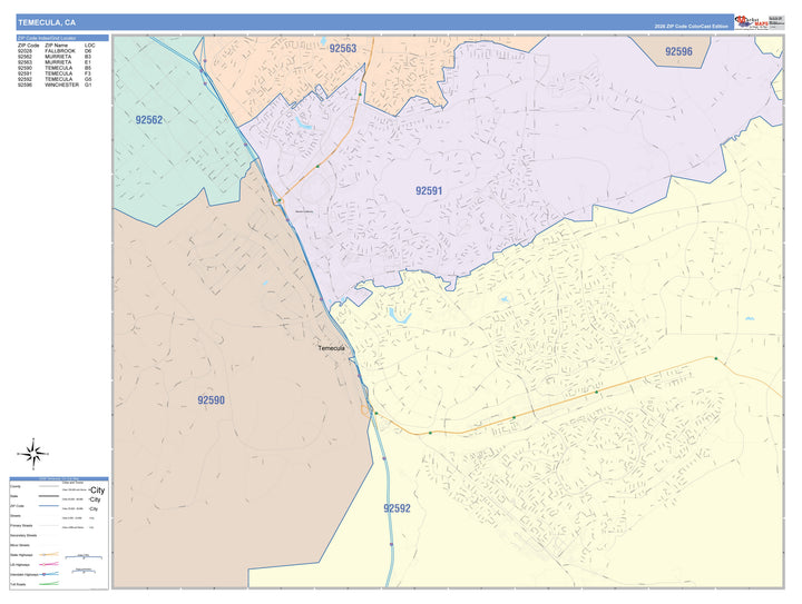 Color Cast Zip Code Style Wall Map of Temecula, CA
