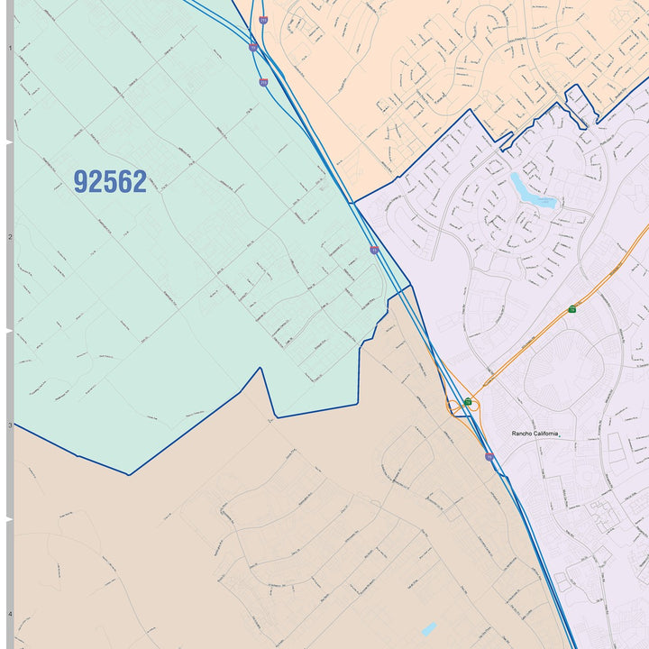 Color Cast Zip Code Style Wall Map of Temecula, CA
