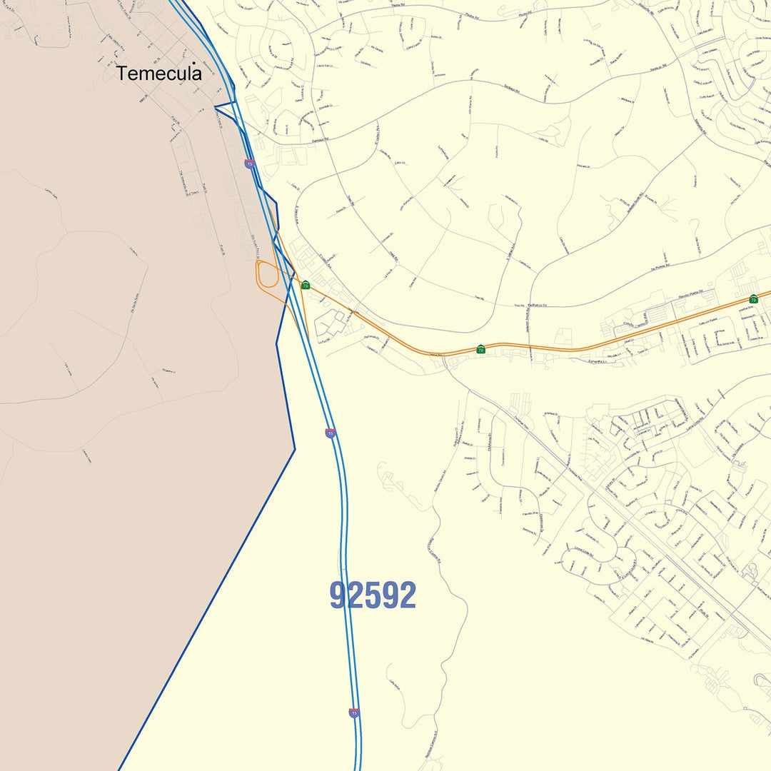 Color Cast Zip Code Style Wall Map of Temecula, CA