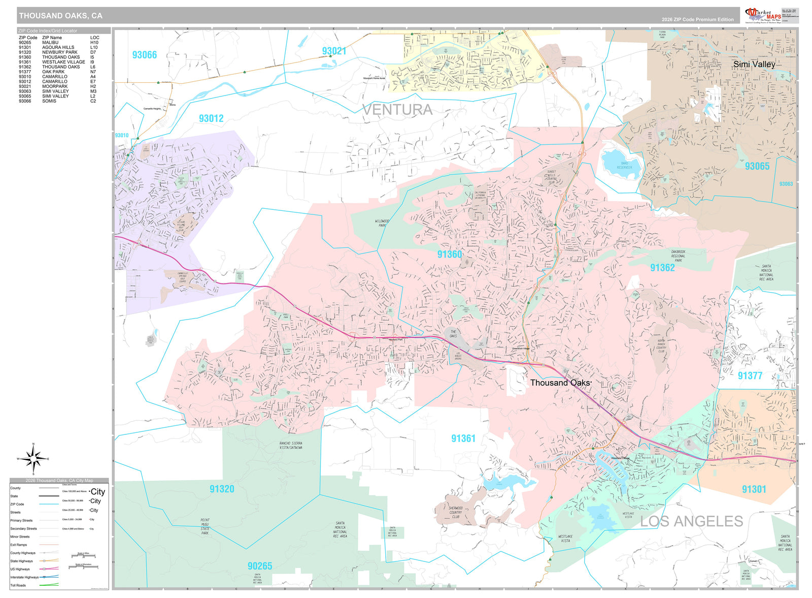 Premium Style Wall Map of Thousand Oaks, CA