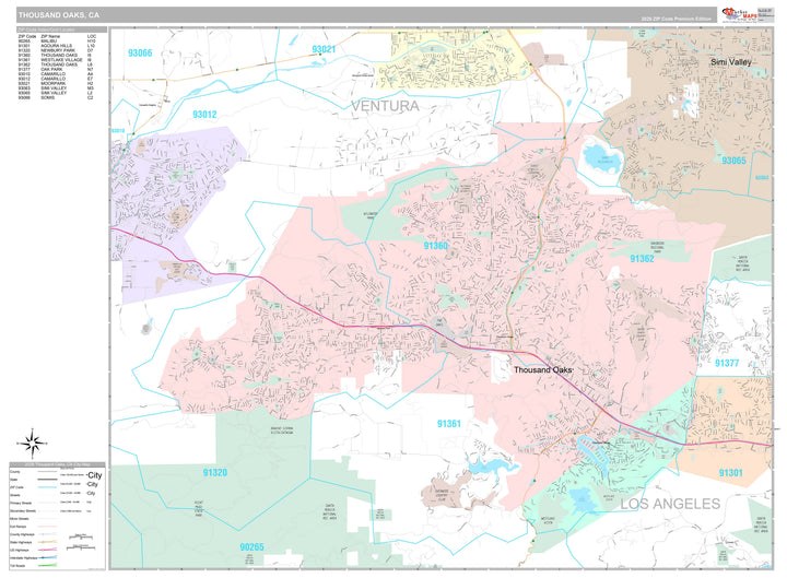 Premium Style Wall Map of Thousand Oaks, CA
