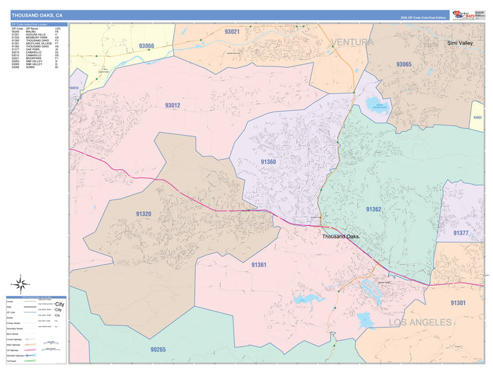 Color Cast Zip Code Style Wall Map of Thousand Oaks, CA