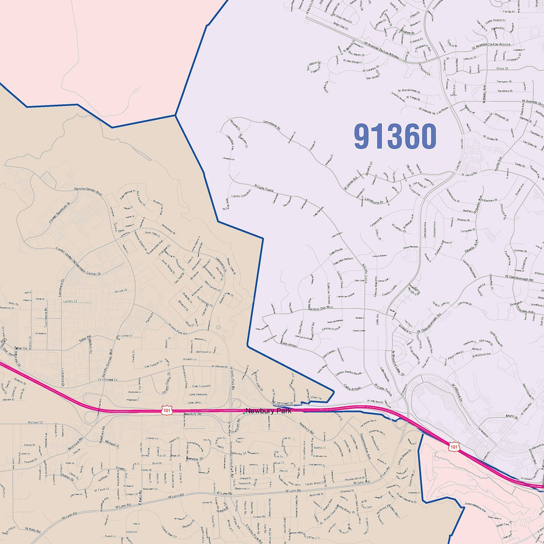 Color Cast Zip Code Style Wall Map of Thousand Oaks, CA