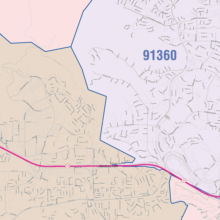 Color Cast Zip Code Style Wall Map of Thousand Oaks, CA