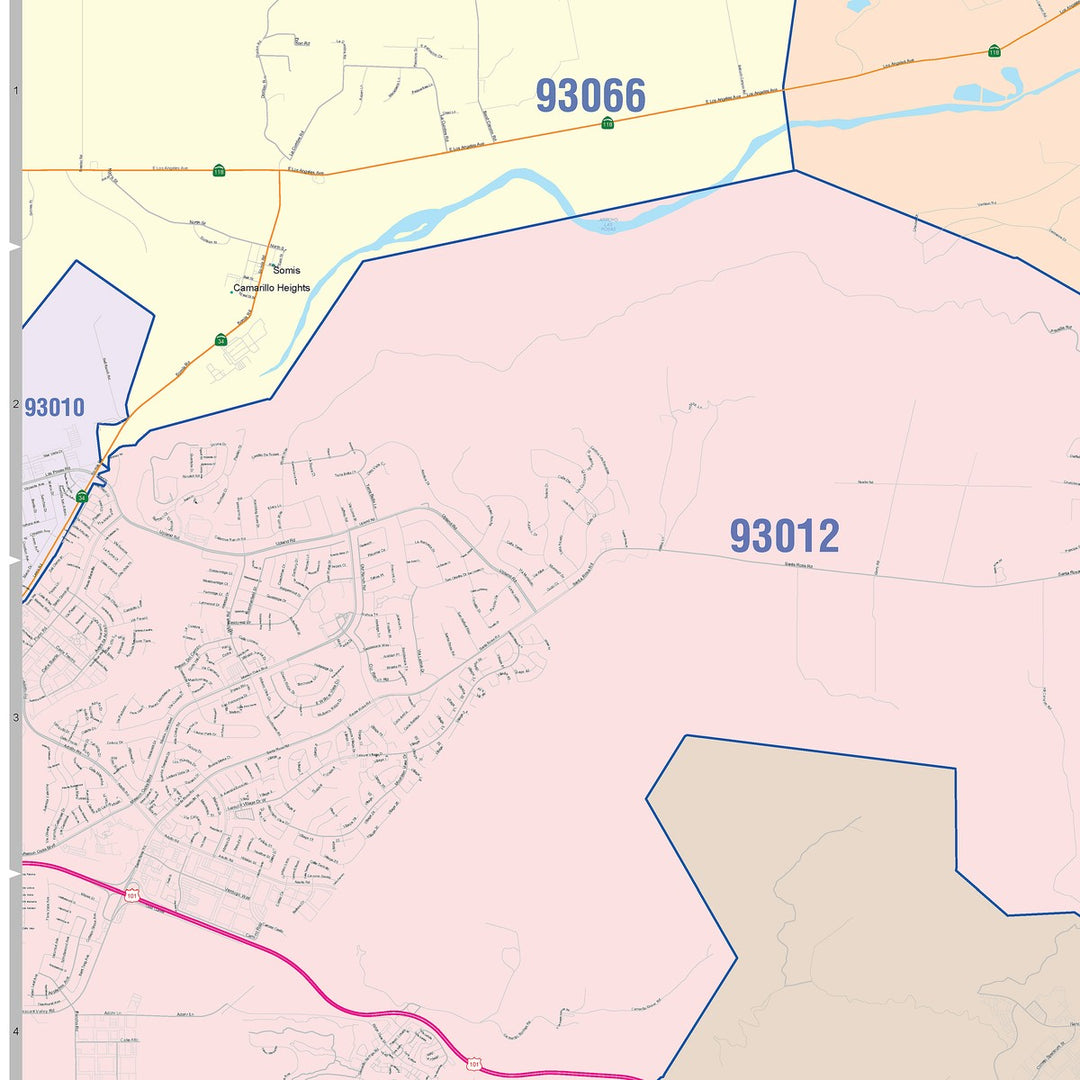 Color Cast Zip Code Style Wall Map of Thousand Oaks, CA