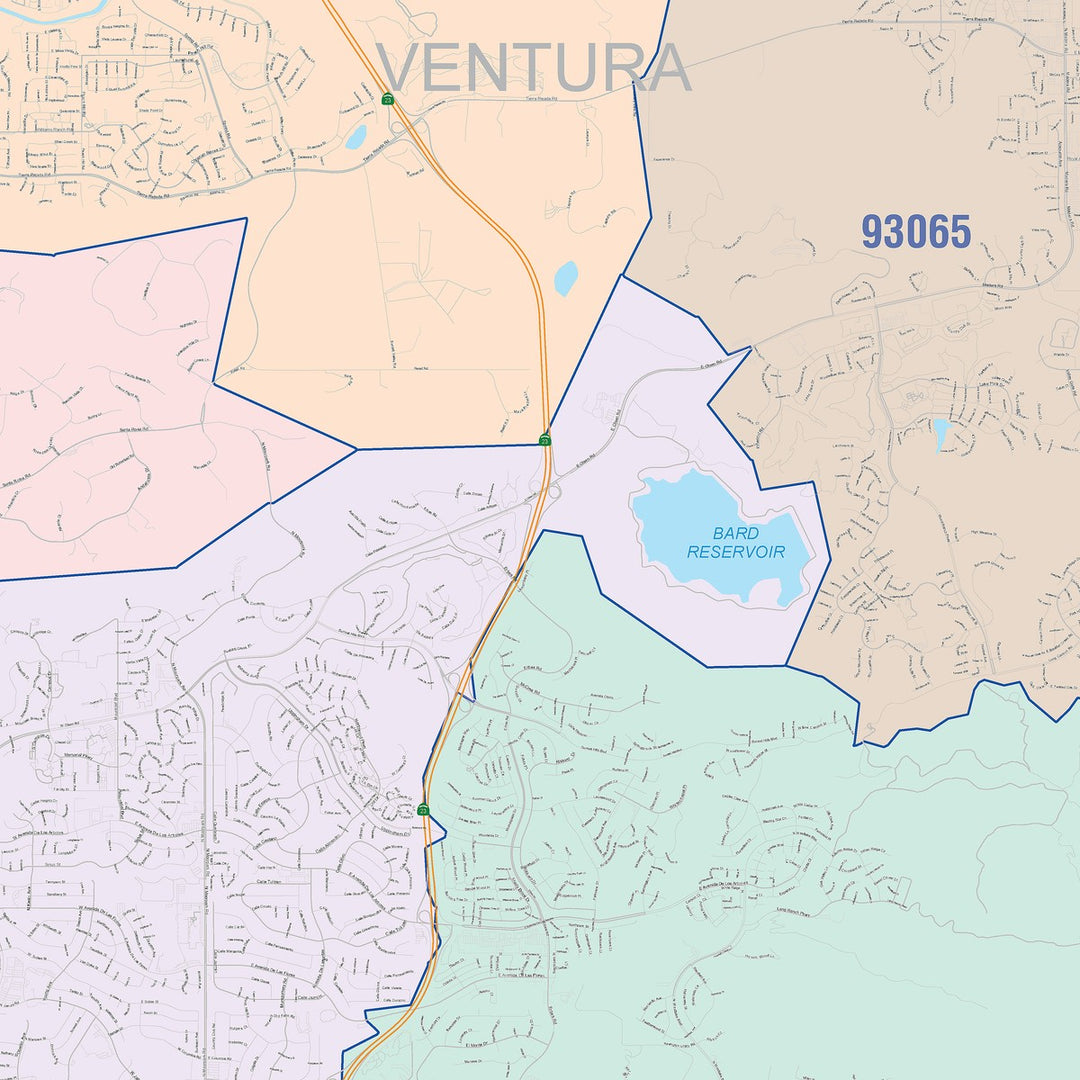 Color Cast Zip Code Style Wall Map of Thousand Oaks, CA