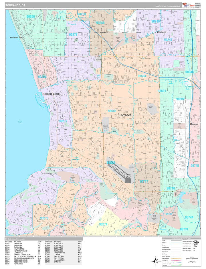 Premium Style Wall Map of Torrance, CA
