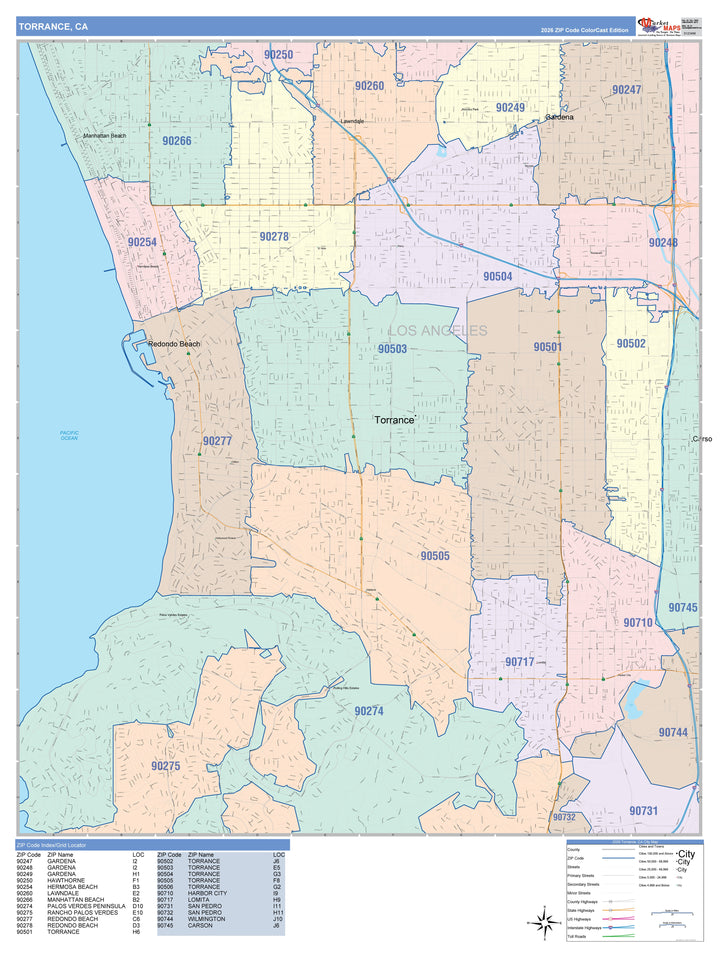 Color Cast Zip Code Style Wall Map of Torrance, CA – American Map Store