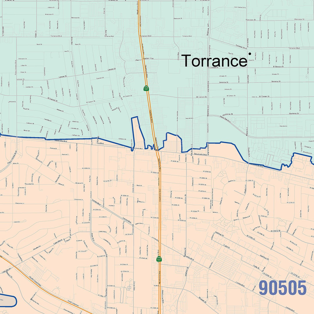 Color Cast Zip Code Style Wall Map of Torrance, CA – American Map Store