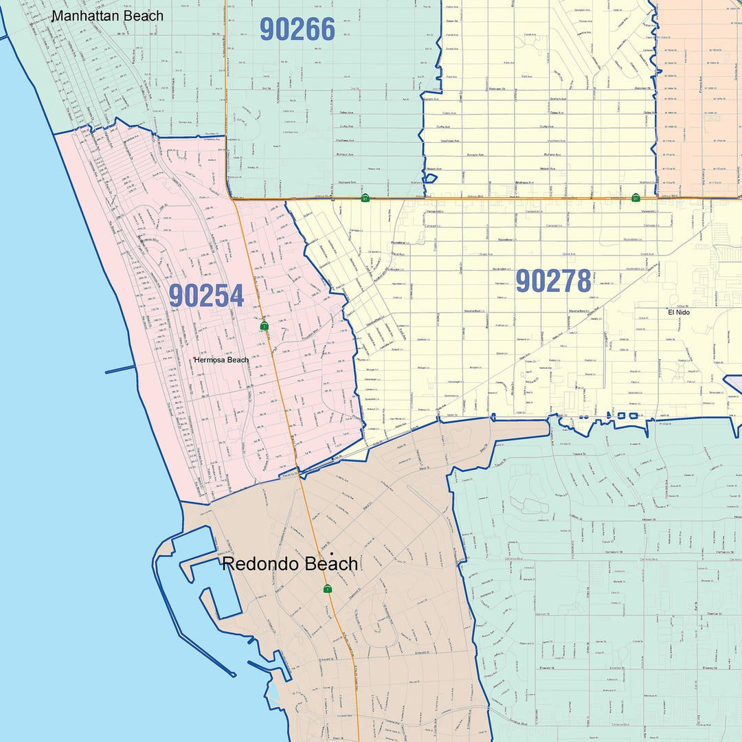 Color Cast Zip Code Style Wall Map of Torrance, CA