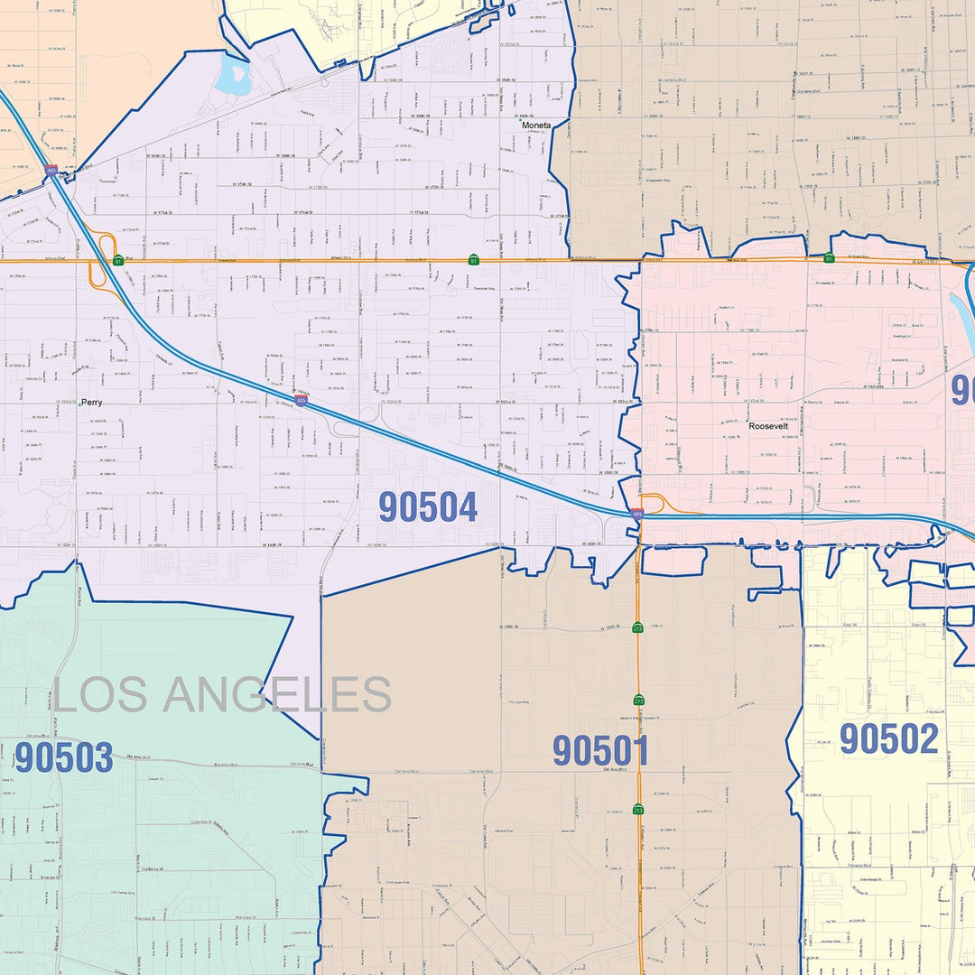 Color Cast Zip Code Style Wall Map of Torrance, CA