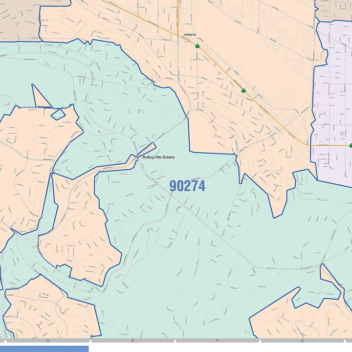Color Cast Zip Code Style Wall Map of Torrance, CA