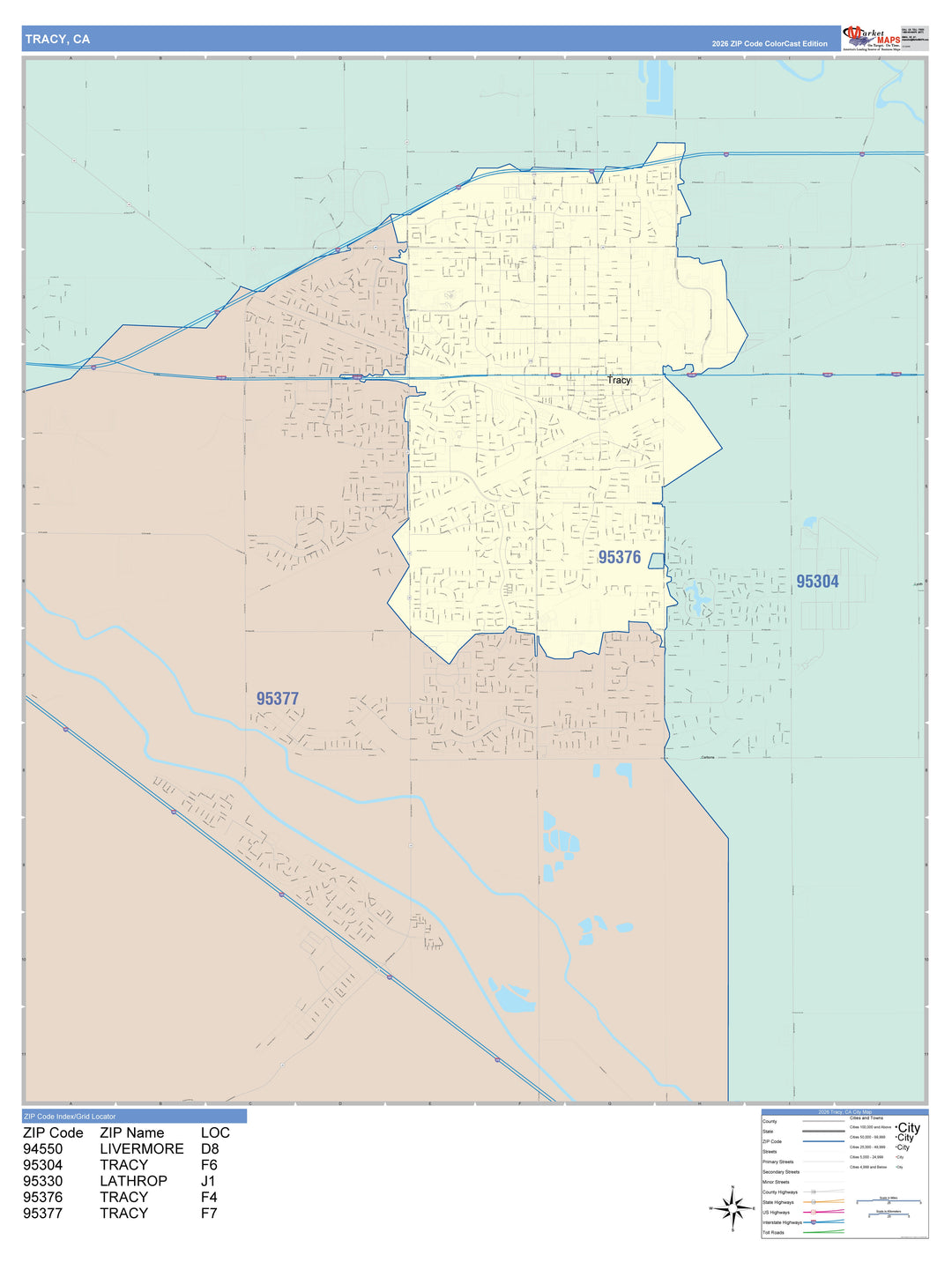 Color Cast Zip Code Style Wall Map of Tracy, CA