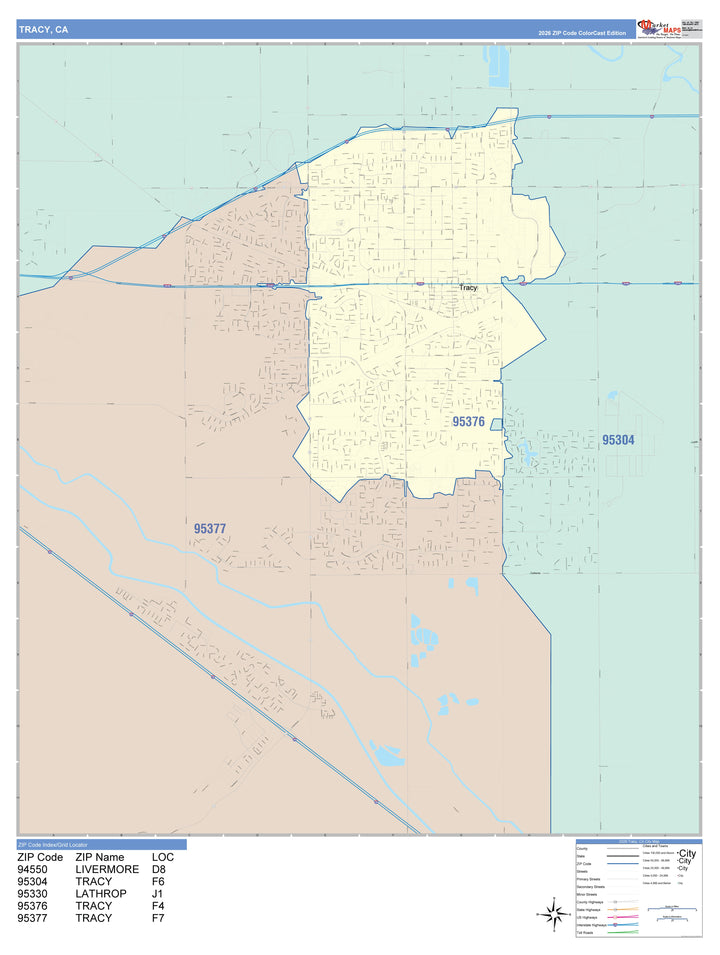 Color Cast Zip Code Style Wall Map of Tracy, CA