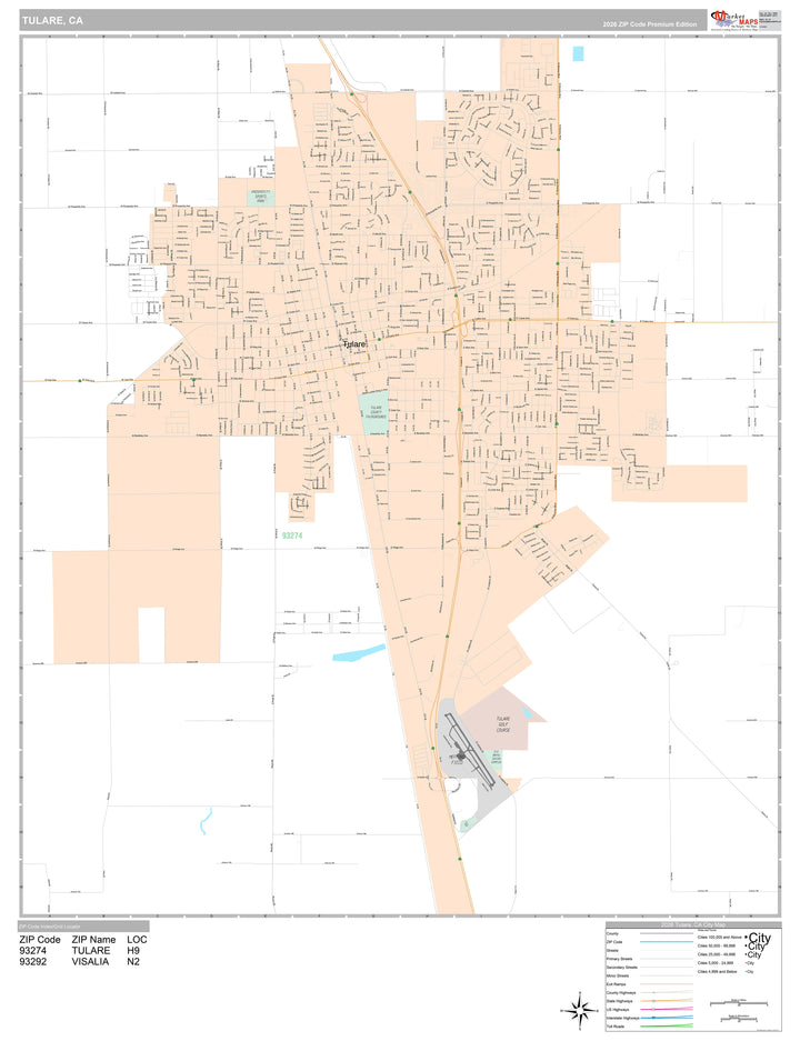 Premium Style Wall Map of Tulare, CA