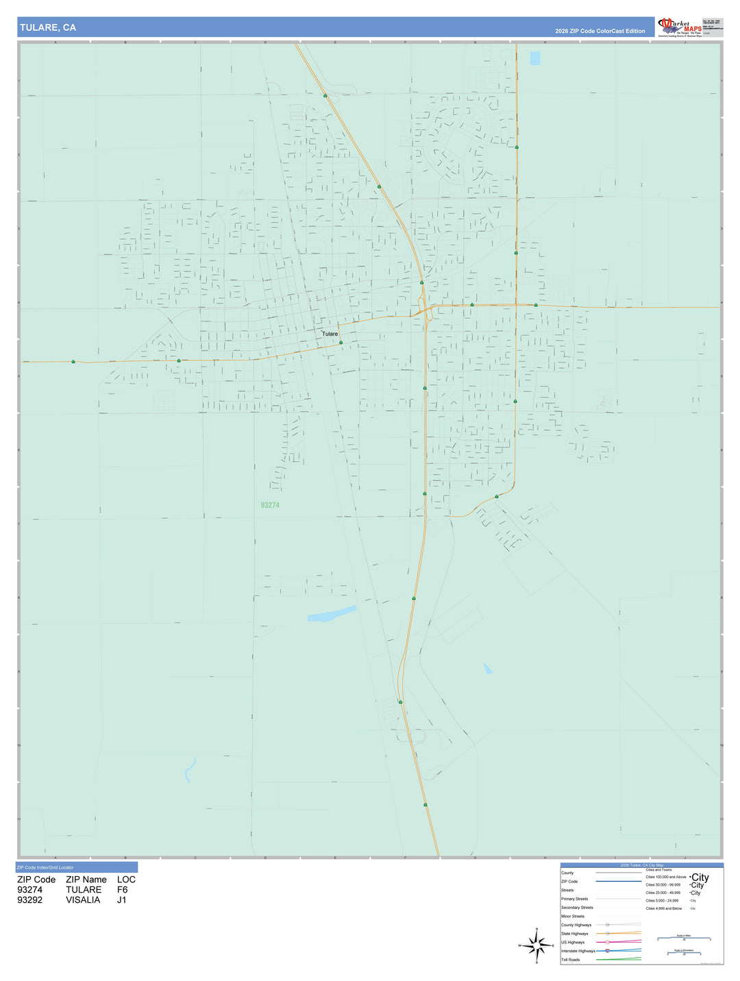 Color Cast Zip Code Style Wall Map of Tulare, CA