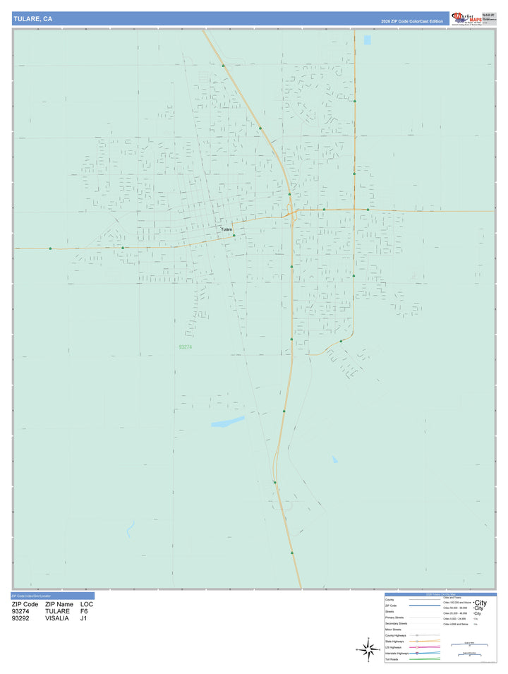 Color Cast Zip Code Style Wall Map of Tulare, CA