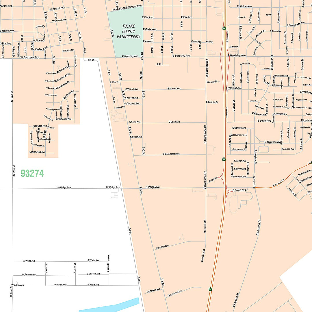 Premium Style Wall Map of Tulare, CA