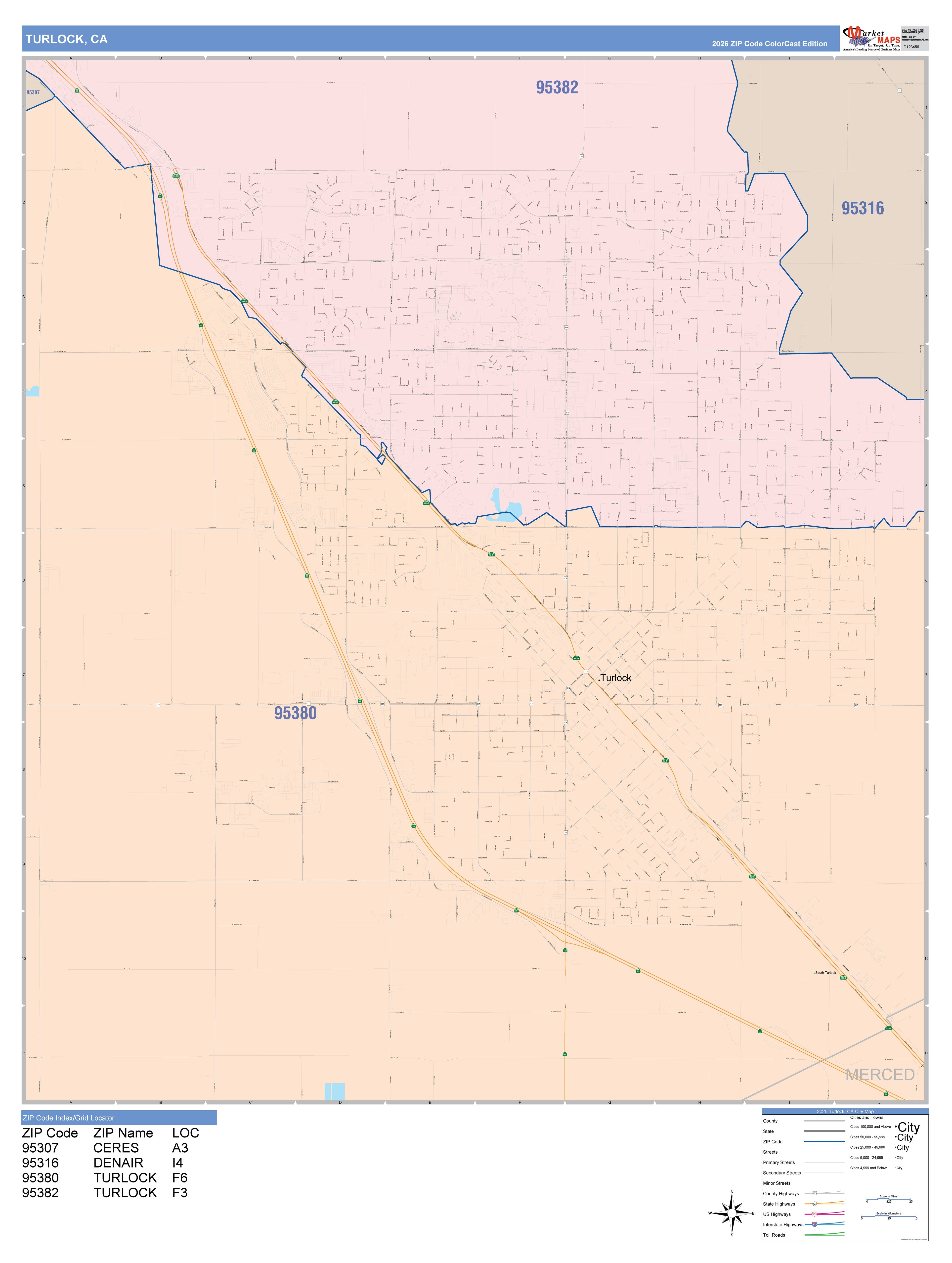 Color Cast Zip Code Style Wall Map of Turlock, CA – American Map Store
