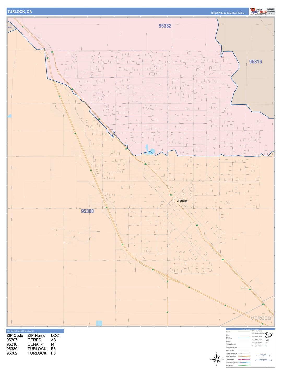 Color Cast Zip Code Style Wall Map of Turlock, CA