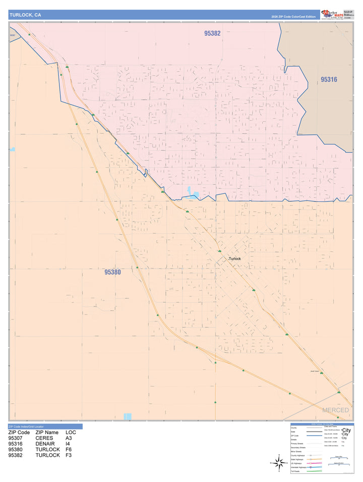 Color Cast Zip Code Style Wall Map of Turlock, CA