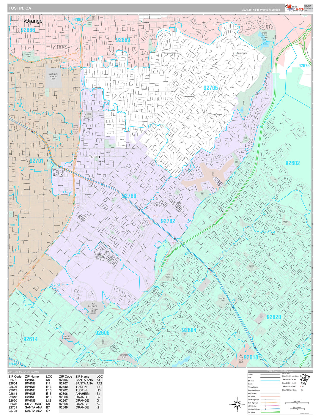 Premium Style Wall Map of Tustin, CA