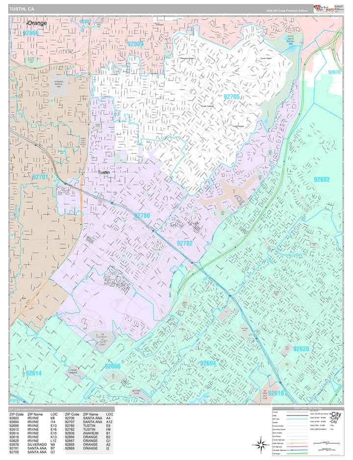 Premium Style Wall Map of Tustin, CA