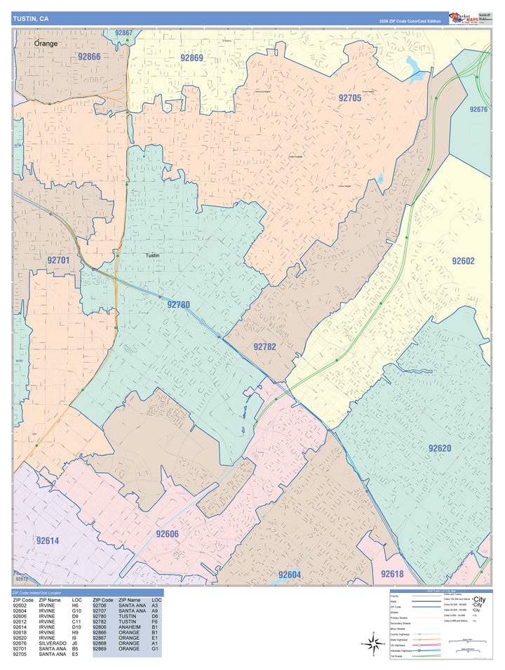 Color Cast Zip Code Style Wall Map of Tustin, CA
