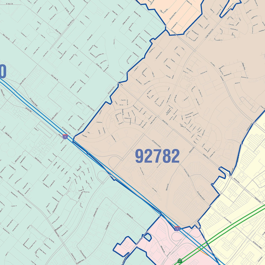 Color Cast Zip Code Style Wall Map of Tustin, CA