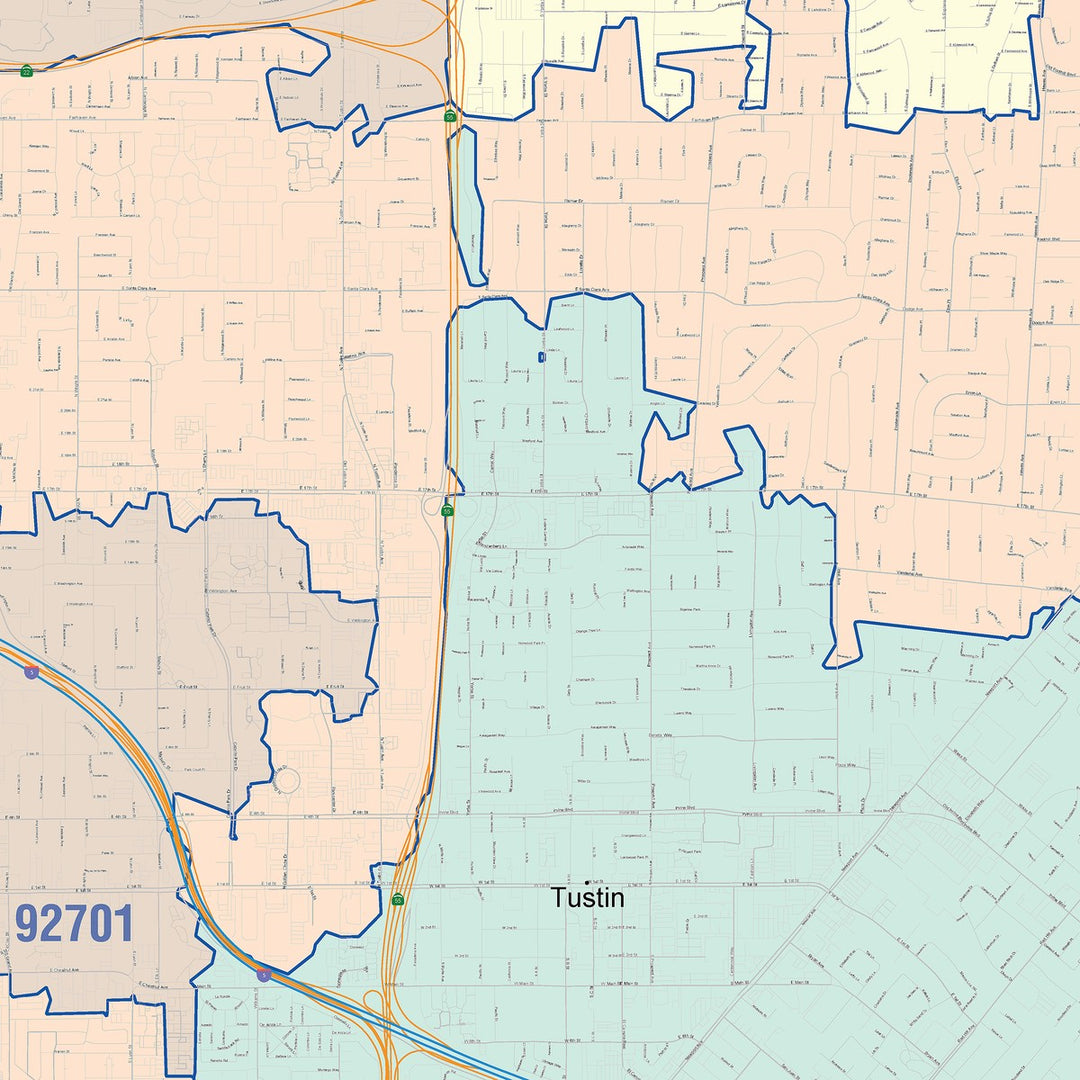 Color Cast Zip Code Style Wall Map of Tustin, CA