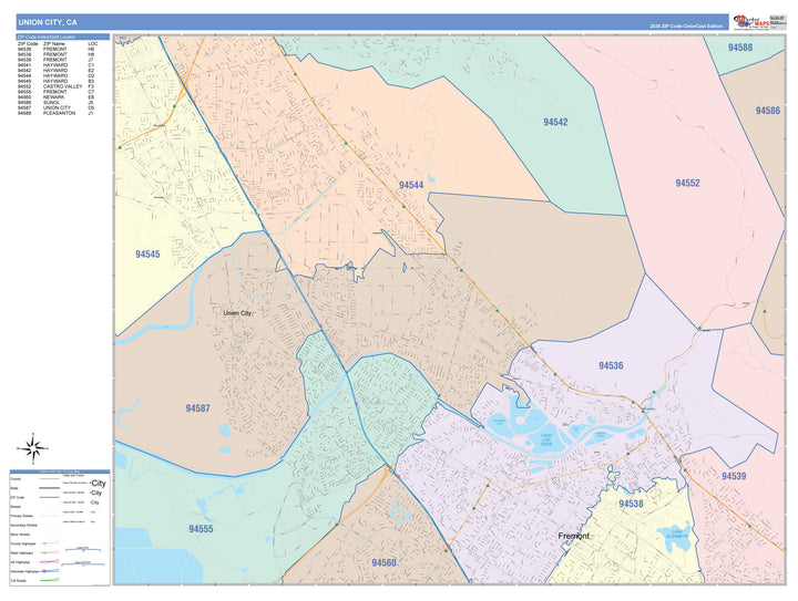 Color Cast Zip Code Style Wall Map of Union City, CA