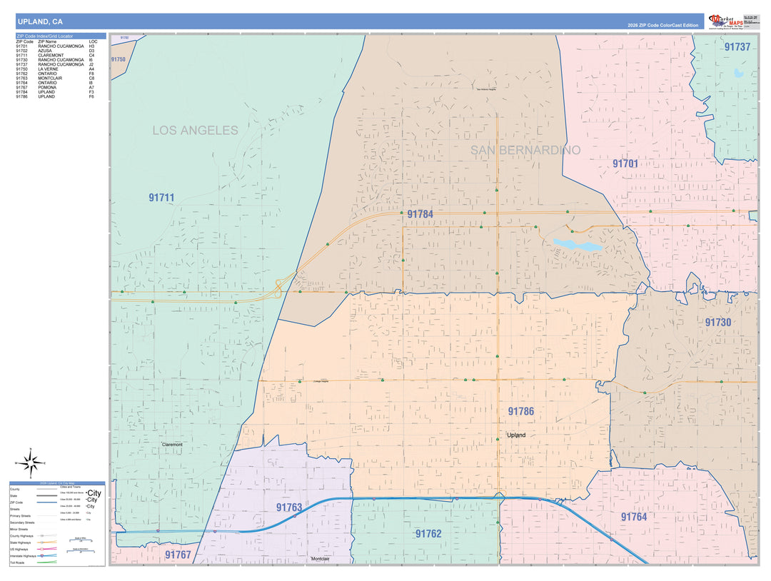Color Cast Zip Code Style Wall Map of Upland, CA