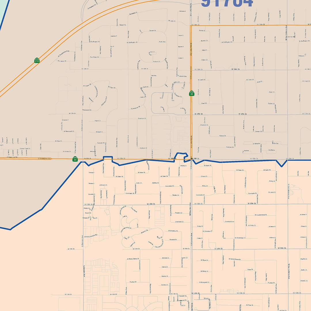 Color Cast Zip Code Style Wall Map of Upland, CA