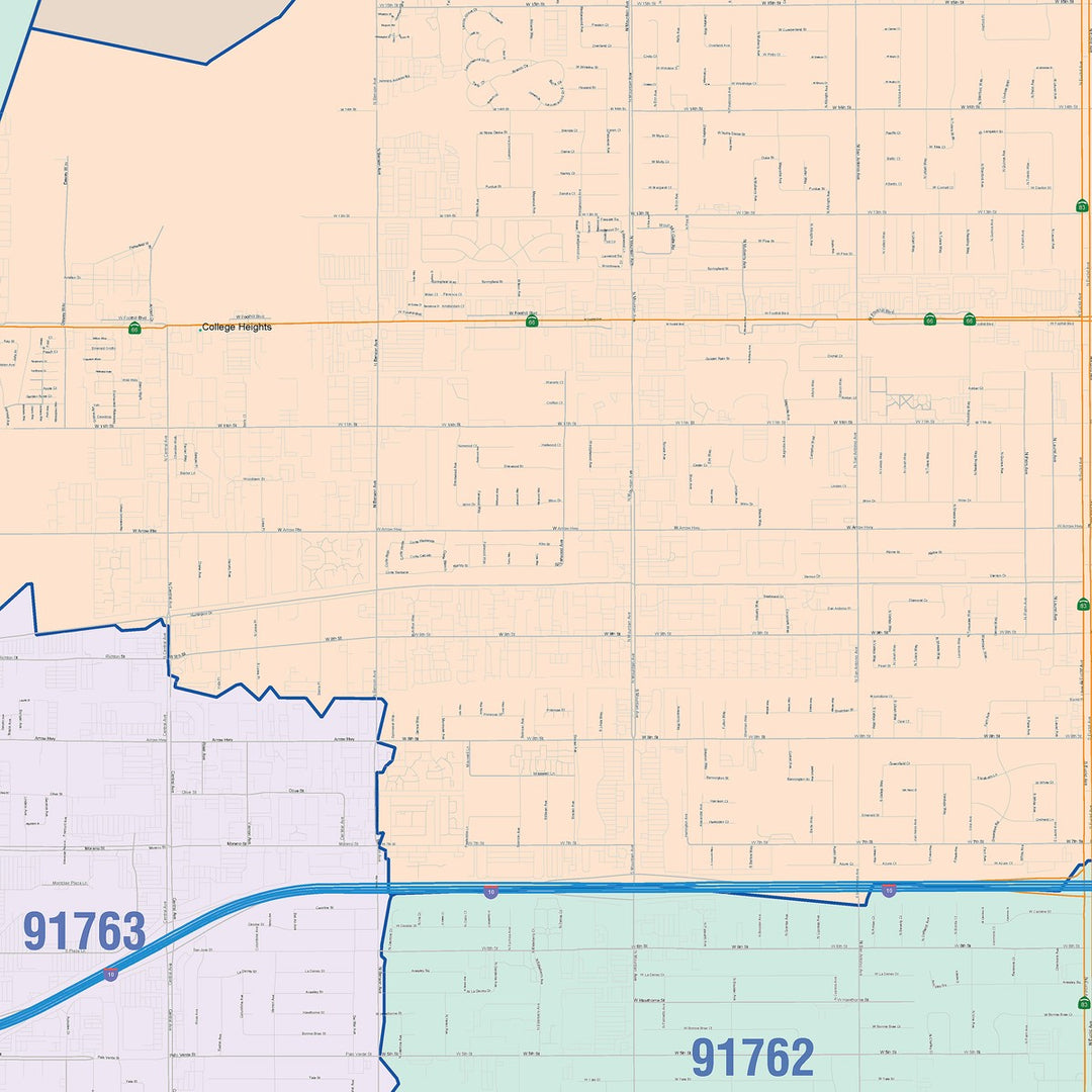 Color Cast Zip Code Style Wall Map of Upland, CA