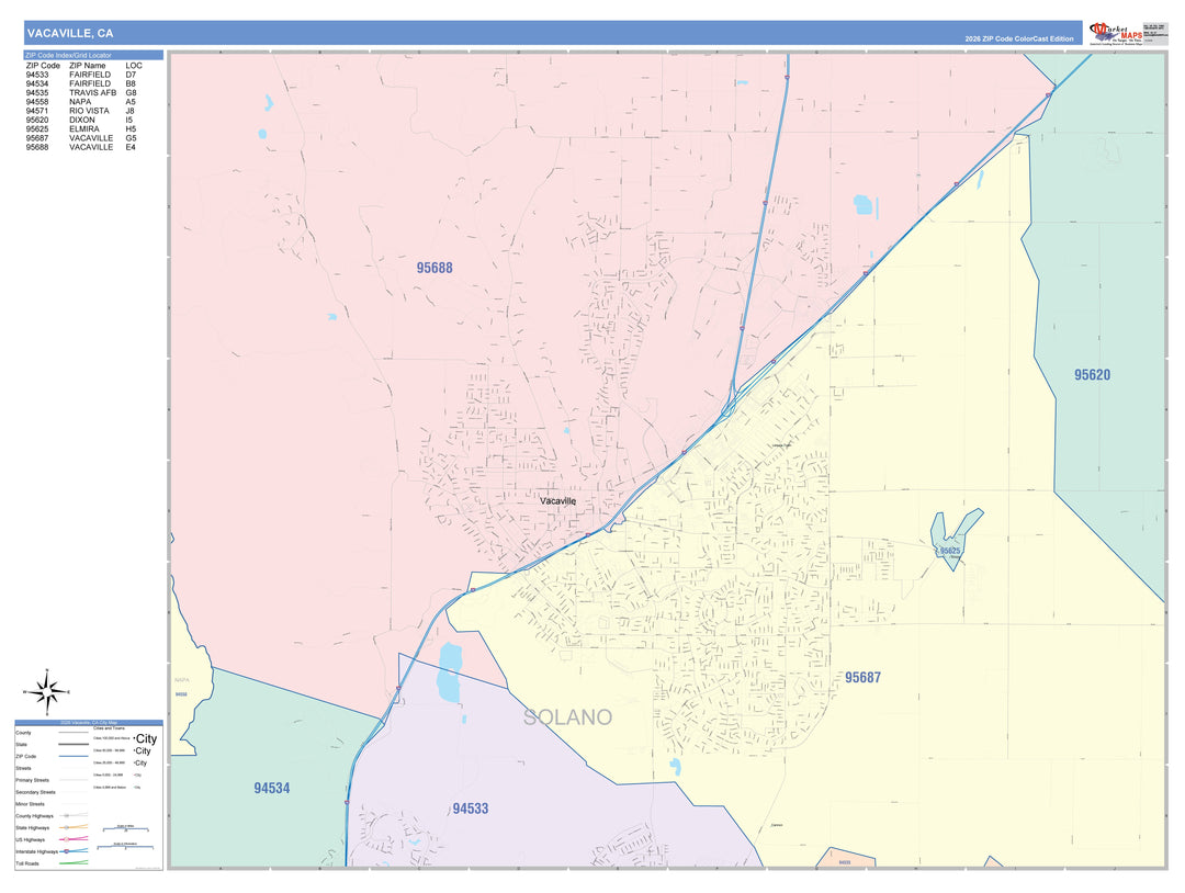 Color Cast Zip Code Style Wall Map of Vacaville, CA