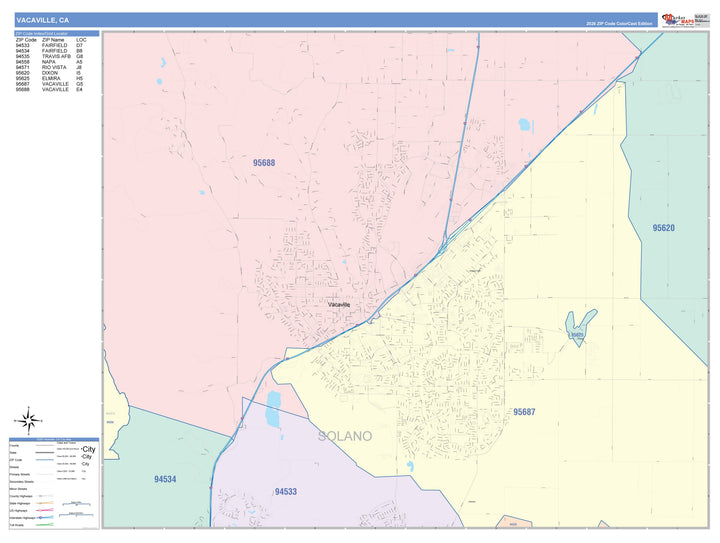 Color Cast Zip Code Style Wall Map of Vacaville, CA