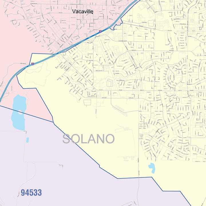 Color Cast Zip Code Style Wall Map of Vacaville, CA