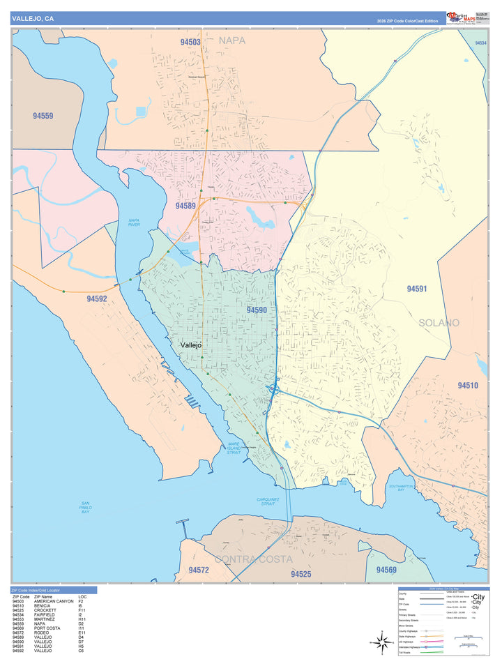 Color Cast Zip Code Style Wall Map of Vallejo, CA