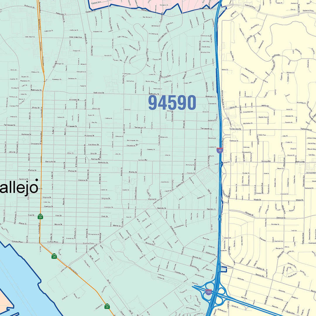 Color Cast Zip Code Style Wall Map of Vallejo, CA