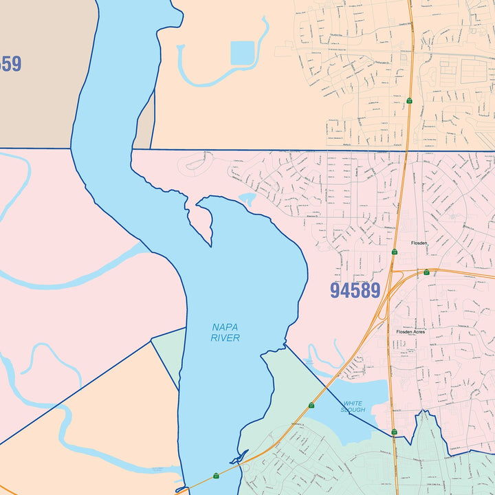 Color Cast Zip Code Style Wall Map of Vallejo, CA