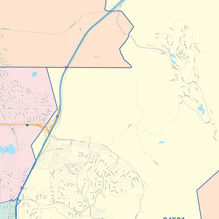 Color Cast Zip Code Style Wall Map of Vallejo, CA