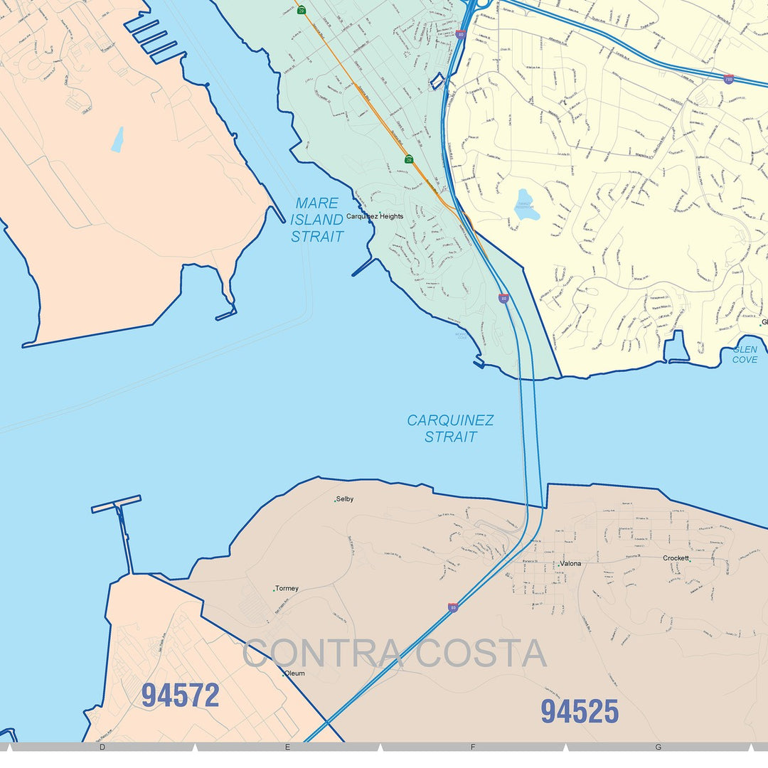 Color Cast Zip Code Style Wall Map of Vallejo, CA