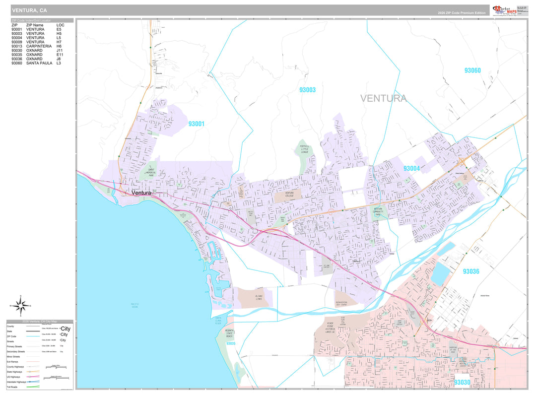 Premium Style Wall Map of Ventura, CA