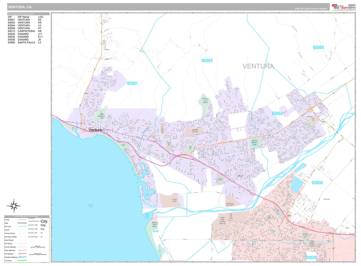 Premium Style Wall Map of Ventura, CA
