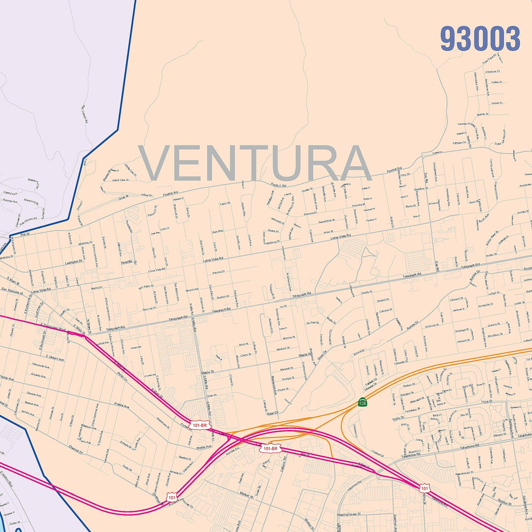 Color Cast Zip Code Style Wall Map of Ventura, CA