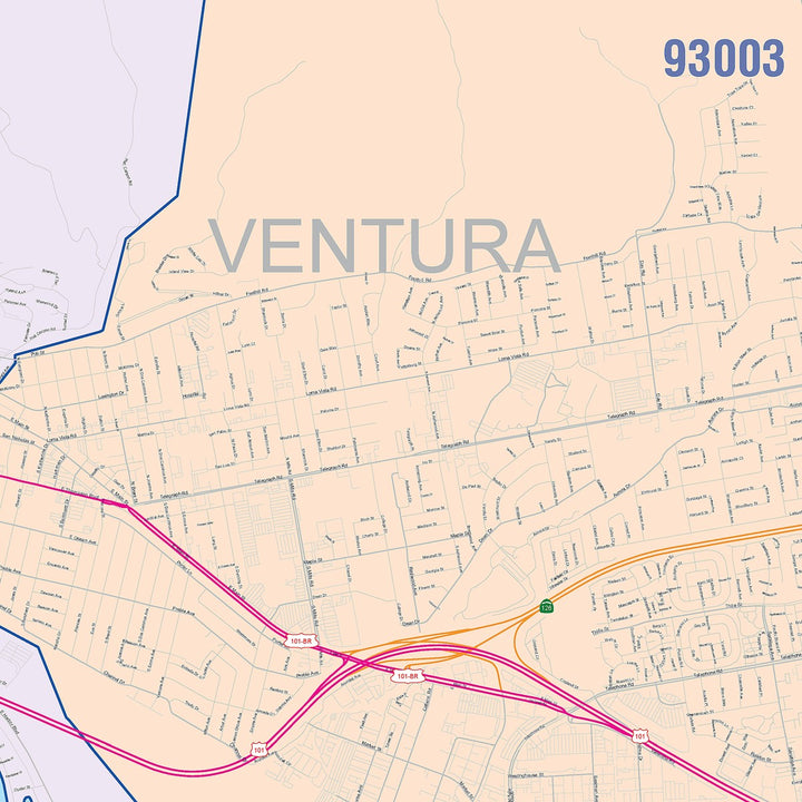 Color Cast Zip Code Style Wall Map of Ventura, CA
