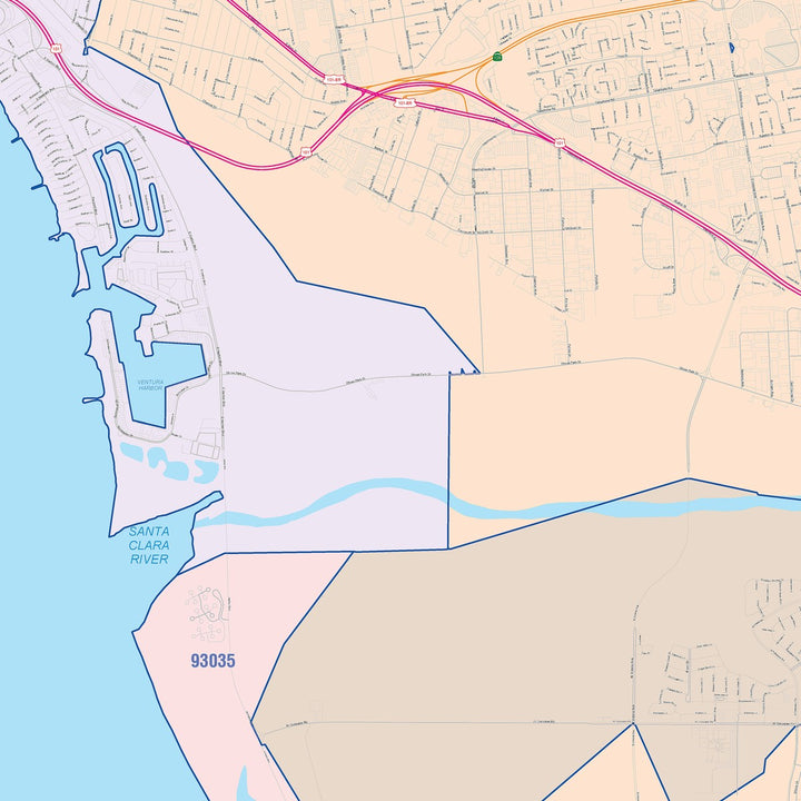 Color Cast Zip Code Style Wall Map of Ventura, CA