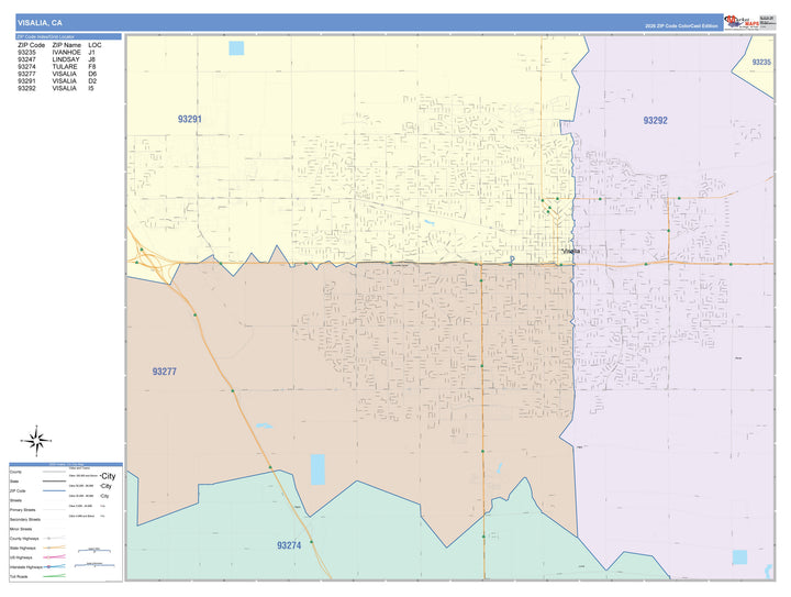 Color Cast Zip Code Style Wall Map of Visalia, CA