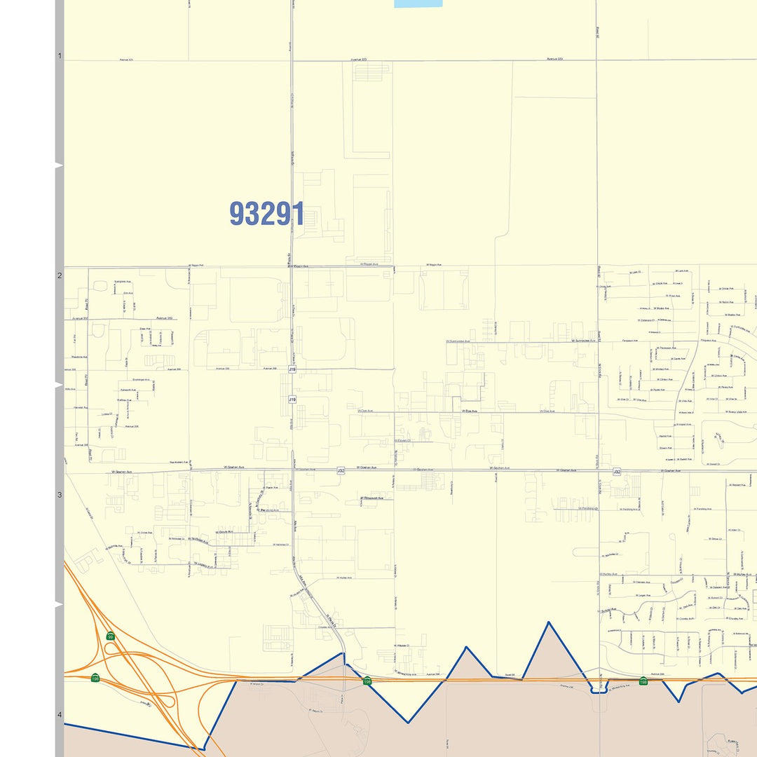 Color Cast Zip Code Style Wall Map of Visalia, CA