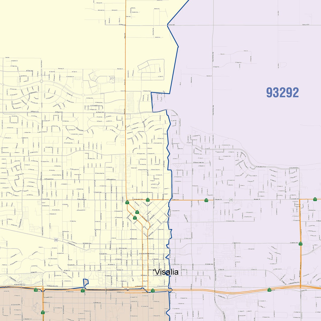 Color Cast Zip Code Style Wall Map of Visalia, CA